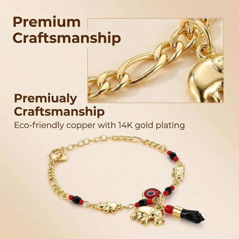 Trendytry 14K Real Gold Plated Elephant Evil Eye Bracelet Jewelry Adjustable Hypoallergenic Bohemian Style Bracelet for Women
