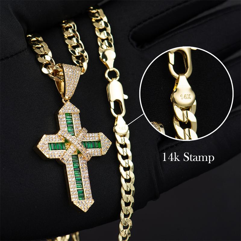 Holylegend 14K Real Gold-Plated Christian Cross Necklace for Men - Advanced Nanotech Tarnish-Free Cuban Link, Figaro, Rope Miami Chains with Jesus Crucifix Pendant, 24in Daily Wear Jewelry Accessory Gift,Father's Day Gift