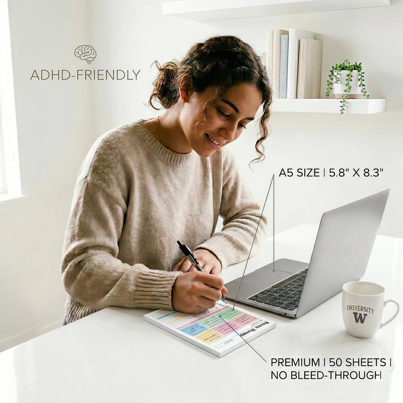 ADHD Brain Dump Planner Notepad, 50 Tear-Off Sheets 8.5 x 6.5\", Multi-Section Daily Organizer for Work & Personal To-Do Lists, Priorities & Schedules, Focus Workbook Perfect Holiday Gift, Research