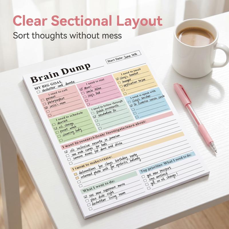 ADHD Brain Dump Planner Notepad, 50 Tear-Off Sheets 8.5 x 6.5\", Multi-Section Daily Organizer for Work & Personal To-Do Lists, Priorities & Schedules, Focus Workbook Perfect Holiday Gift, Research