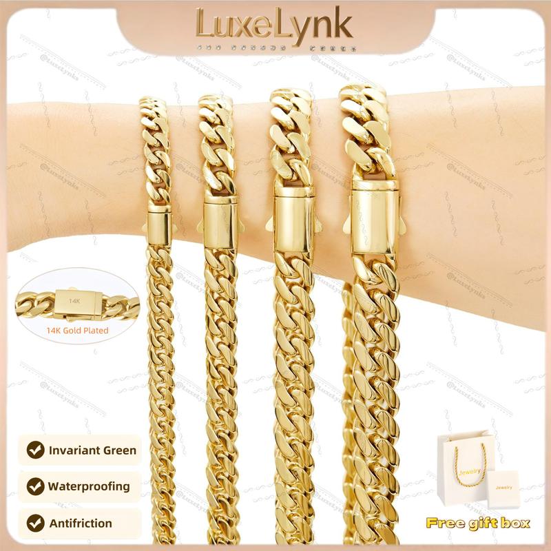 14K gold-plated Cuban necklace or bracelet | The latest electroplating gold-plating process for rust prevention| Miami hip-hop style fashion items| The best gift for men and women| Couples' style| 6mm/8mm/10mm/12mm/14mm