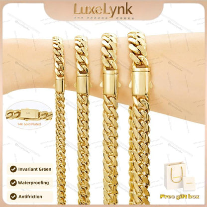 14K gold-plated Cuban necklace or bracelet | The latest electroplating gold-plating process for rust prevention| Miami hip-hop style fashion items| The best gift for men and women| Couples' style| 6mm/8mm/10mm/12mm/14mm