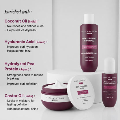 Curl Defining Shampoo (250ml) + Curl Intensifying Leave-In Conditioner (140ml) with Coconut Oil & Hyaluronic Acid+Curl Enhancing Hair Mask (250gm)