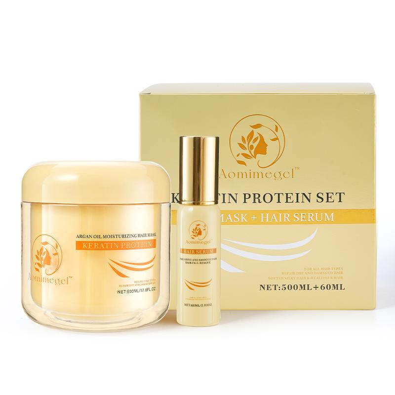 Aomimegel Collagen Hair Treatment Deep Repair Moisturizing Hair Mask, rich in collagen and glycerin set, suitable for all dry and damaged hair types, capacity 500ml + 60ml