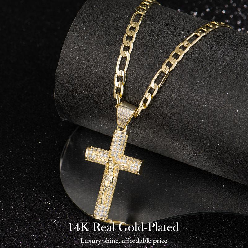 Holylegend 14K Real Gold-Plated Christian Cross Necklace for Men - Advanced Nanotech Tarnish-Free Cuban Link, Figaro, Rope Miami Chains with Jesus Crucifix Pendant, 24in Daily Wear Jewelry Accessory Gift,Father's Day Gift