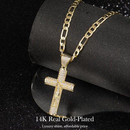 Holylegend 14K Real Gold-Plated Christian Cross Necklace for Men - Advanced Nanotech Tarnish-Free Cuban Link, Figaro, Rope Miami Chains with Jesus Crucifix Pendant, 24in Daily Wear Jewelry Accessory Gift,Father's Day Gift