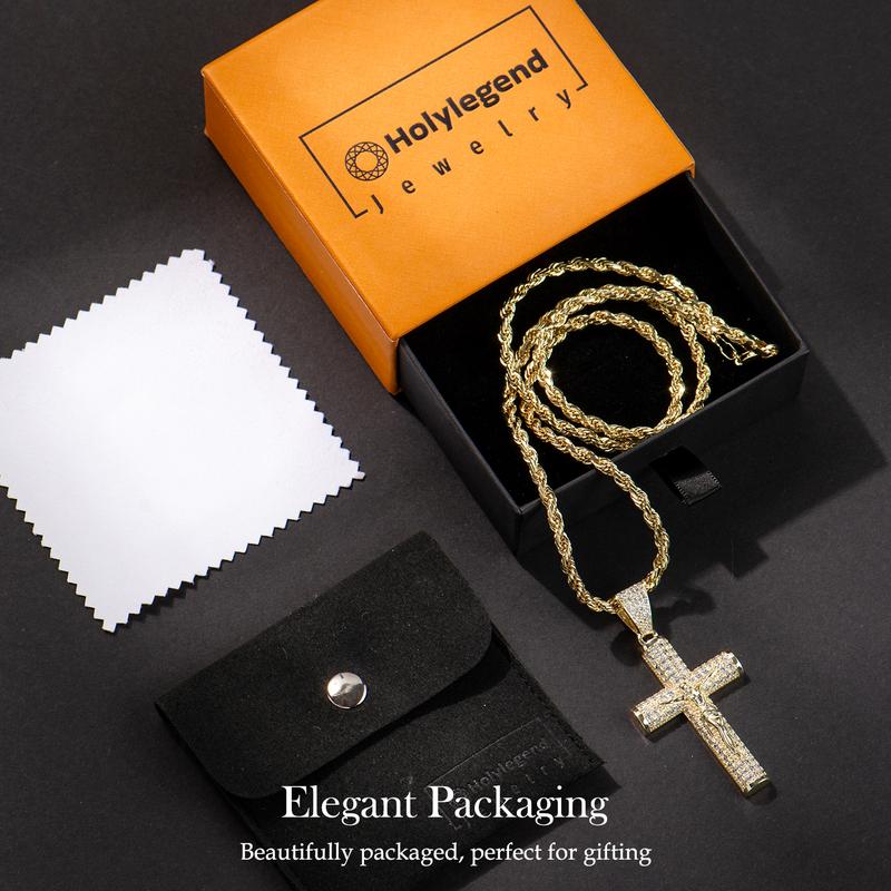 Holylegend 14K Real Gold-Plated Christian Cross Necklace for Men - Advanced Nanotech Tarnish-Free Cuban Link, Figaro, Rope Miami Chains with Jesus Crucifix Pendant, 24in Daily Wear Jewelry Accessory Gift,Father's Day Gift