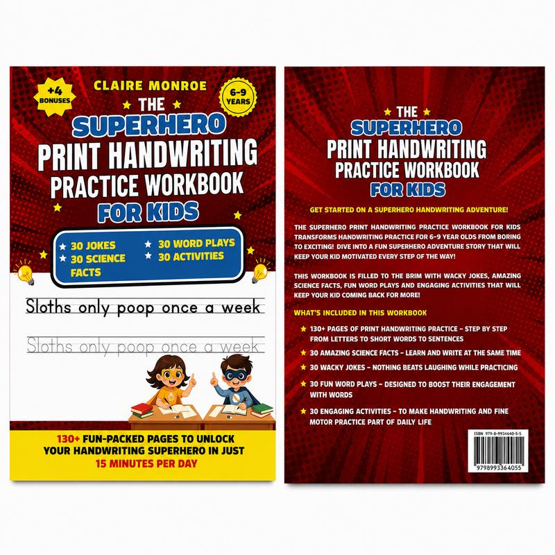 Claire Monroe - Superhero Handwriting Workbook for Kids Ages 6–9 | 130+ Pages of Letters, Words & Fun Activities | Adventure-Style Learning | Bundle Options Available