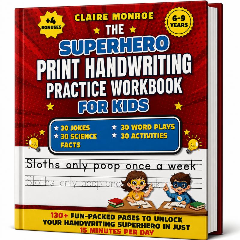 Claire Monroe - Superhero Handwriting Workbook for Kids Ages 6–9 | 130+ Pages of Letters, Words & Fun Activities | Adventure-Style Learning | Bundle Options Available