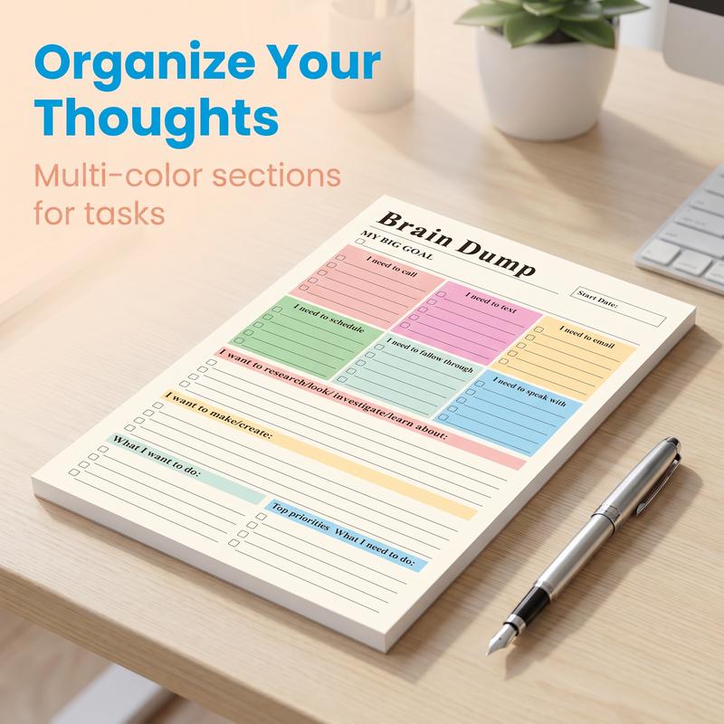 ADHD Brain Dump Planner Notepad, 50 Tear-Off Sheets 8.5 x 6.5\", Multi-Section Daily Organizer for Work & Personal To-Do Lists, Priorities & Schedules, Focus Workbook Perfect Holiday Gift, Research