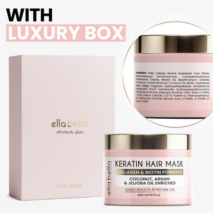 ELLA BELLA Keratin Hair Mask – Deep Conditioning Hair Treatment & Hair Repair Mask for Dry, Damaged, Curly, and Color-Treated Hair – Hydrating Deep Conditioner for Softness, Shine & Growth