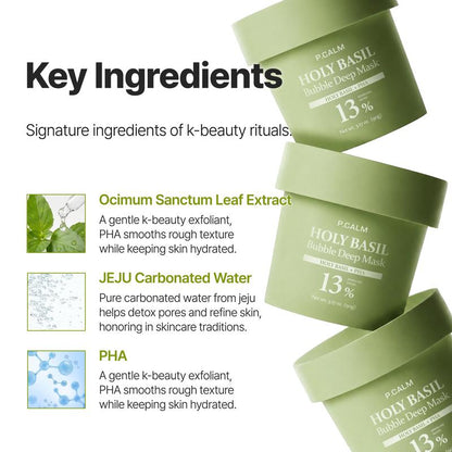 [P.CALM Official] Holy Basil Bubble Deep Mask 13% – Skin Detox Recipe K-Beauty Clay Bubble Mask with Sparkling Holy Basil & PHA, Gently Detoxifies Pores and Removes Blackheads, Korean Wash-Off Pack for Clearer Skin, 90g