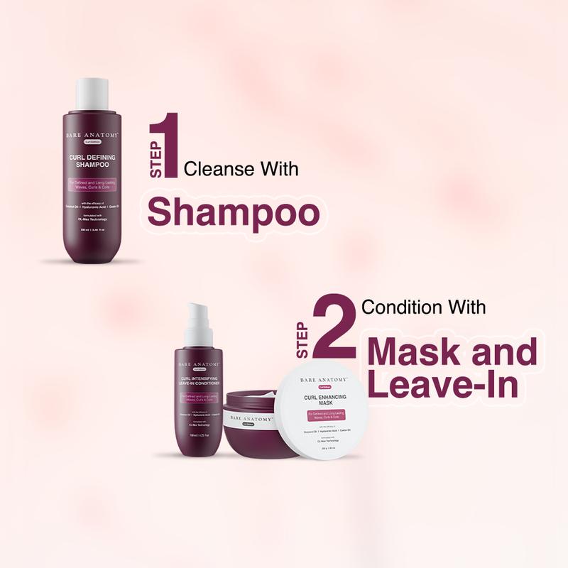 Curl Defining Shampoo (250ml) + Curl Intensifying Leave-In Conditioner (140ml) with Coconut Oil & Hyaluronic Acid+Curl Enhancing Hair Mask (250gm)