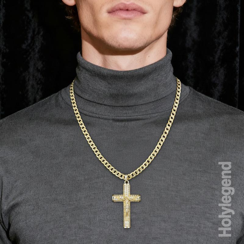 Holylegend 14K Real Gold-Plated Christian Cross Necklace for Men - Advanced Nanotech Tarnish-Free Cuban Link, Figaro, Rope Miami Chains with Jesus Crucifix Pendant, 24in Daily Wear Jewelry Accessory Gift,Father's Day Gift