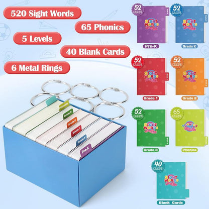DetoxViva ReadRight Flash Cards 520 Sight Words + Phonics | Pre-K to 3rd Grade
